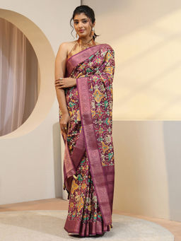 Libas - Burgundy Zari Silk Blend Saree with Unstitched Blouse