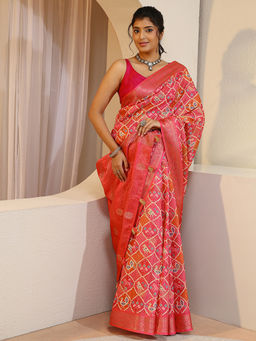 Libas - Pink Zari Silk Blend Saree with Unstitched Blouse