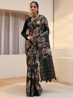 Libas - Black Zari Silk Blend Saree with Unstitched Blouse