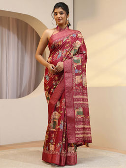 Libas - Red Zari Silk Blend Saree with Unstitched Blouse