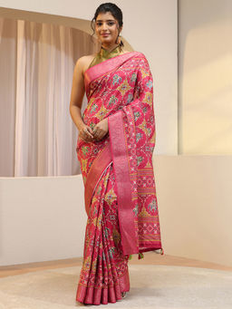 Libas - Pink Zari Silk Blend Saree with Unstitched Blouse