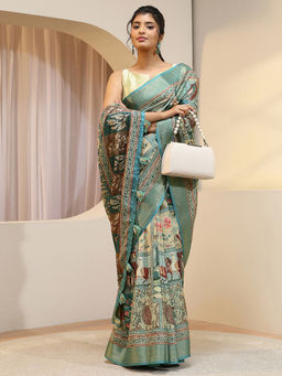 Libas - Green Zari Silk Blend Saree with Unstitched Blouse