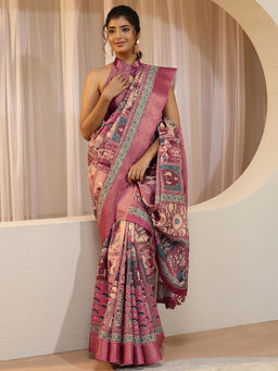 Libas - Pink Zari Silk Blend Saree with Unstitched Blouse