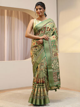 Libas - Green Zari Silk Blend Saree with Unstitched Blouse
