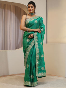 Libas - Green Beads and Stones Tissue Saree with Unstitched Blouse