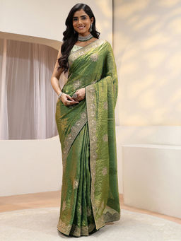 Libas - Green Beads and Stones Tissue Saree with Unstitched Blouse