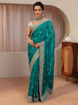 Libas - Green Beads and Stones Tissue Saree with Unstitched Blouse