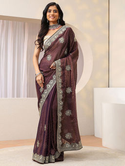 Libas - Mauve Beads and Stones Tissue Saree with Unstitched Blouse