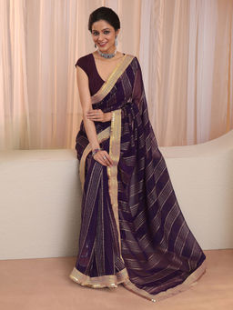 Libas - Purple Embellished/Sequined Chiffon Saree with Unstitched Blouse