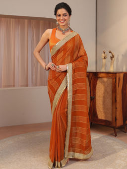 Libas - Orange Embellished/Sequined Chiffon Saree with Unstitched Blouse