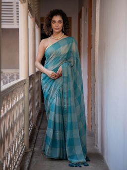 Suta - Teal Color Cotton Zari Saree Without Blouse