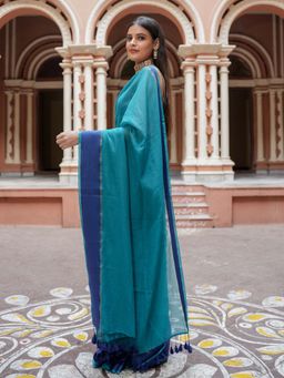 Suta - Teal Color Cotton Zari Saree Without Blouse