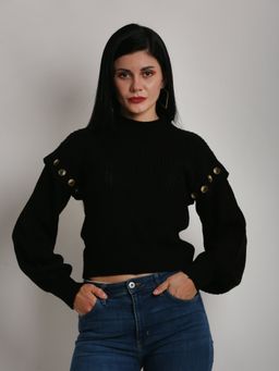 NOBARR - Womens Acrylic High Neck Cable Knit Loose Style Pattern Black Sweater