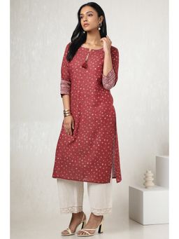 Soch - Womens Maroon Cotton Bandhani Print Kurta with Tassels