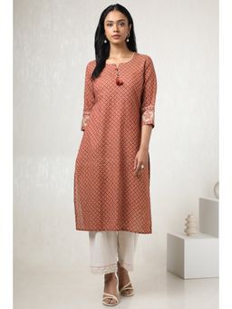 Soch - Womens Rust Cotton Printed Kurta with Tassels
