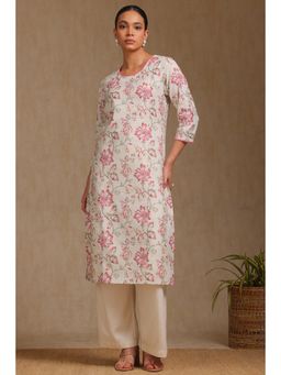 Soch - Womens Cream Linen Botanical Print Kurta