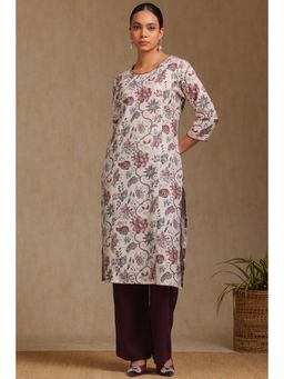 Soch - Womens Off White Linen Botanical Print Kurta