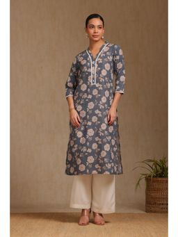 Soch - Womens Grey Rayon Botanical Print Kurta with Thread Work