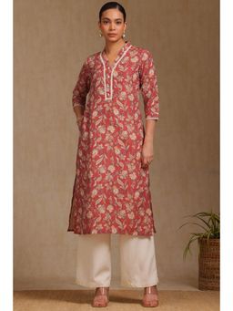 Soch - Womens Brick Red Rayon Botanical Print Kurta with Thread Work