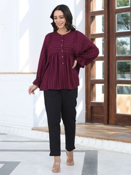 Jaipur Kurti - Maroon Self Weave Rayon Lurex Gathered Top with Elasticated Gathered Sleeves