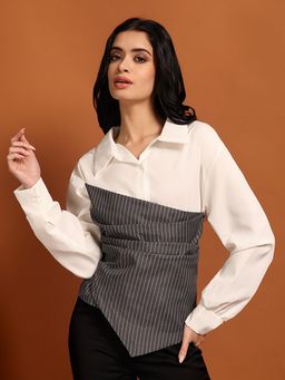IKI CHIC - White and Grey Pinstripe Layered Top with Elegant Casual Wear for Women