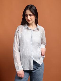 IKI CHIC - Women Sky Blue Butterfly Print Oversized Shirt with Button-Down Style