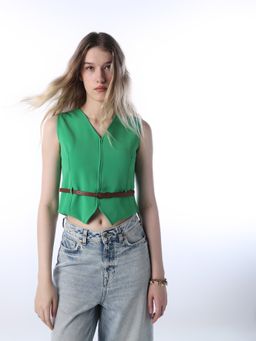 ONLY - Women's Solid Regular Fit Green Crop Top with belt