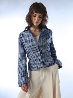 ONLY - Women's Checked Slim Fit Blue Shirt