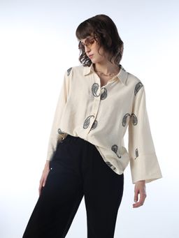 ONLY - Women's Self Design Oversized Beige Shirt