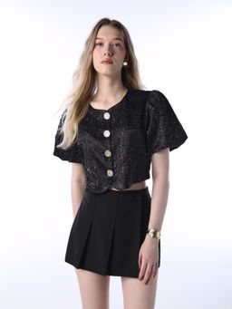 ONLY - Women's Self Design Regular Fit Black Crop Top