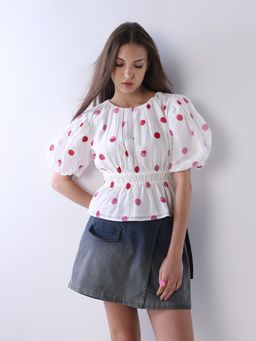 ONLY - Women's Polka Dots Peplum White Top