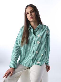 ONLY - Women's Vertical Stripes Regular Fit Green Shirt