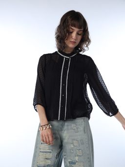 ONLY - Women's Self Design Regular Fit Black Shirt with Inner