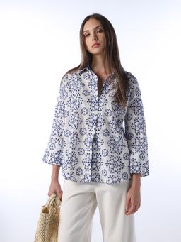 ONLY - Women's Abstract Print Regular Fit White Shirt