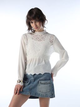 ONLY - Women's Self Design Fit and Flare White Top with Inner