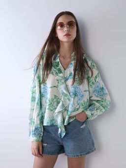 ONLY - Women's Floral Print Regular Fit Green Top