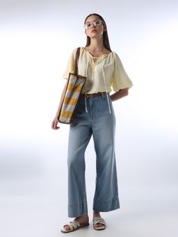 ONLY - Women's Solid Loose Fit Yellow Top