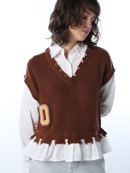 ONLY - Women's Self Design Regular Fit Brown Shirt