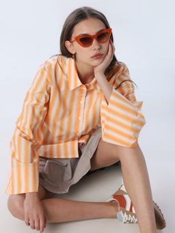 ONLY - Women's Vertical Stripes Oversized Orange Shirt