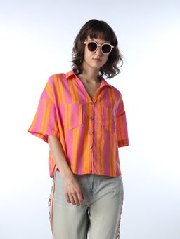 ONLY - Women's Striped Regular Fit Pink Shirt