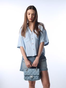 ONLY - Women's Solid Oversized Blue Shirt