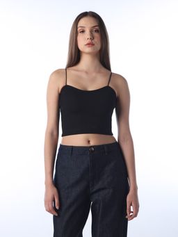 ONLY - Women's Solid Regular Fit Black Crop Top