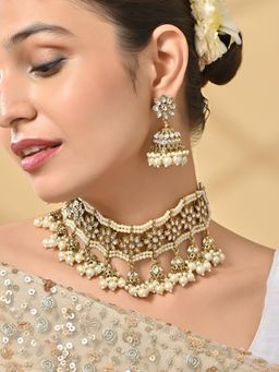 Fida - Women White Pearl Bridal Choker Necklace and Earrings Set