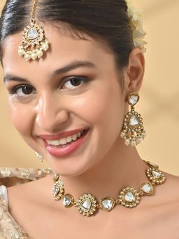 Fida - Women White Pearl and Kundan Studded Bridal Necklace Earrings and Maang Tikka Set