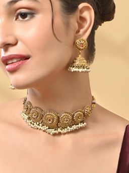 Fida - Women Mehendi Gold Temple Necklace and Earrings Set