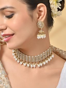 Fida - Women White Pearl and Gold Statement Wedding Choker Necklace and Earrings Set