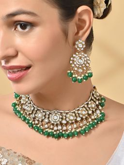 Fida - Women Green Pearl and Gold Statement Wedding Choker Necklace and Earrings Set