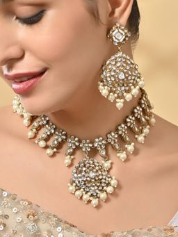 Fida - Women Gold Pearl Wedding Choker Necklace and Earrings Set