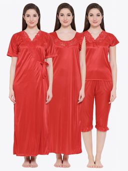 Clovia - Satin Nightwear In Robe, Nightie, Top, Capri Red (Set of 4)