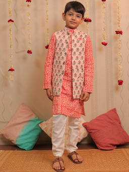TINY COLOUR - Red Mogra Kurta with Jacket and Pyjama
